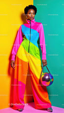 Vivid Rainbow Jumpsuit Worn by Confident Woman Against Colorful Background