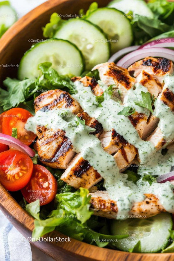 Fresh Grilled Chicken Salad with Cucumbers Cherry Tomatoes and Herb Dressing