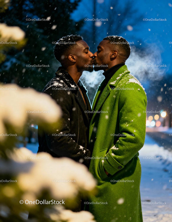 Couple sharing a romantic kiss in snowy winter evening