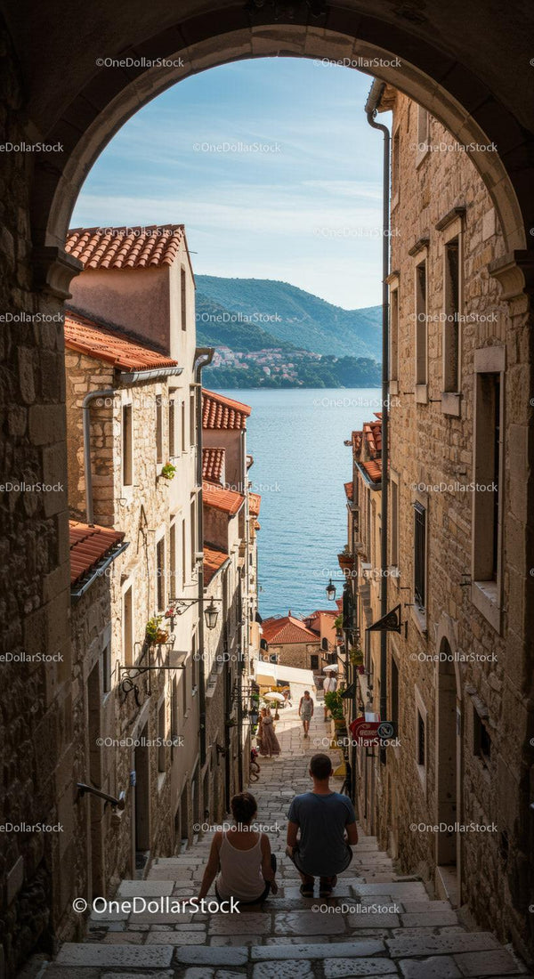 Charming Coastal Village with Stone Buildings and Scenic Water View