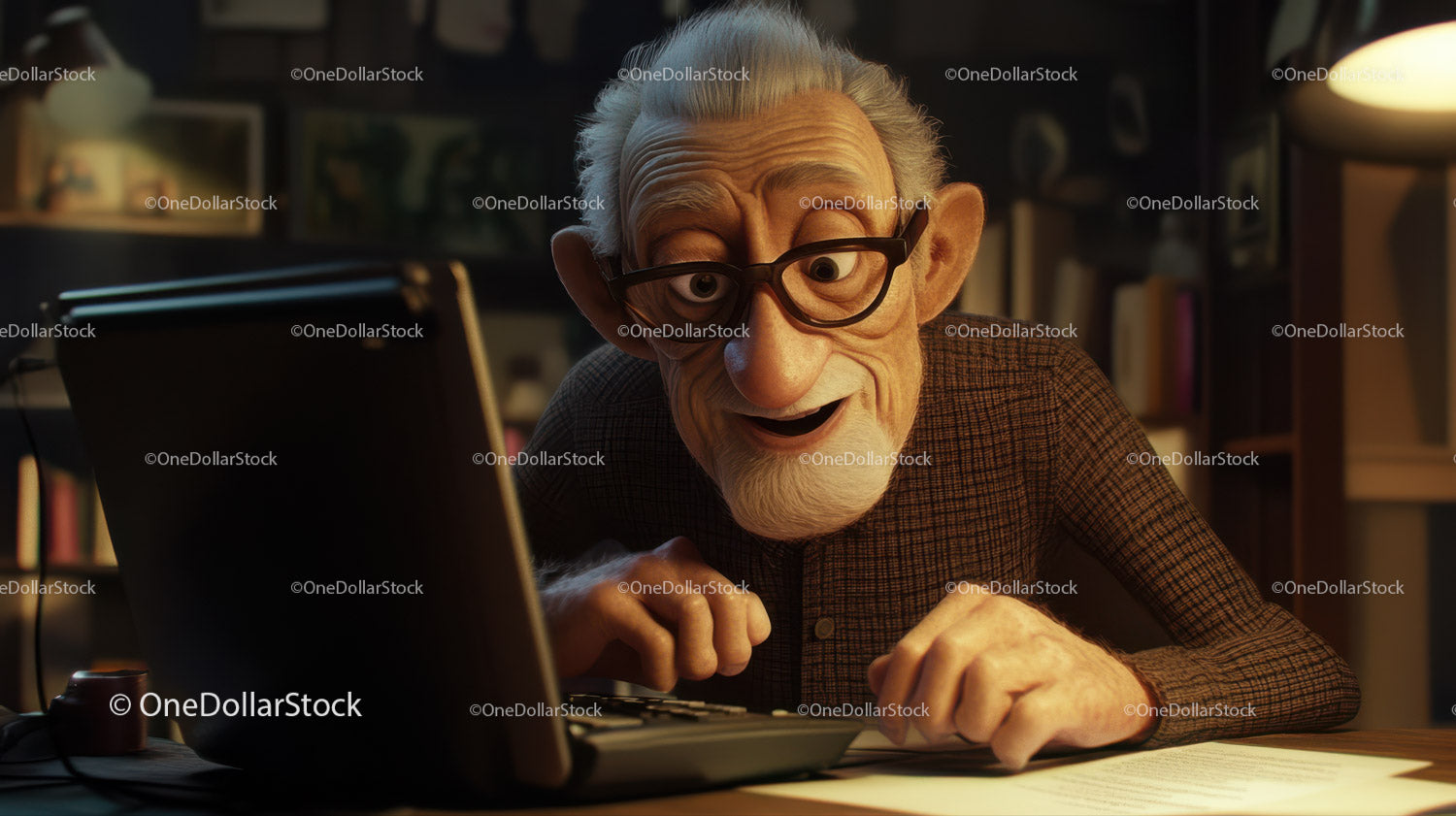 Smiling Elderly Man with Glasses Using Calculator at Home
