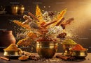 Assortment of vibrant spices exploding in brass bowls