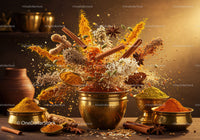 Assortment of vibrant spices exploding in brass bowls