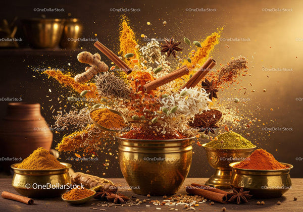 Assortment of vibrant spices exploding in brass bowls