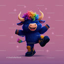 Colorful Cartoon Bull with Vibrant Rainbow Hair and Sneakers