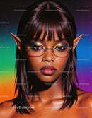Young woman with elf ears wearing colorful eye makeup