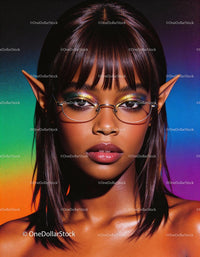 Young woman with elf ears wearing colorful eye makeup