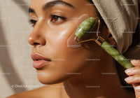 Young Woman Using Jade Roller for Facial Massage and Skin Rejuvenation