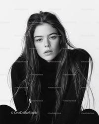 Elegant Black and White Portrait of Young Woman with Wavy Hair