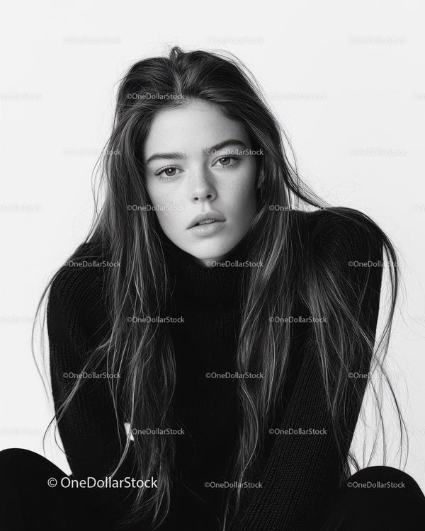 Elegant Black and White Portrait of Young Woman with Wavy Hair