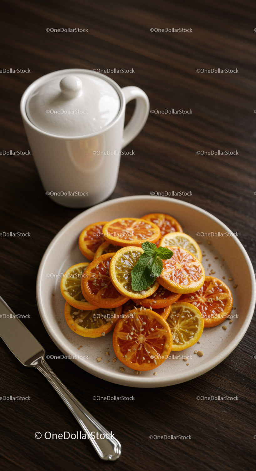 Dried Citrus Slices with Mint on Ceramic Plate