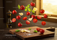 Fresh cherry tomatoes with basil and cheese flying