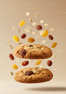 Oatmeal raisin cookies with flying oats and raisins
