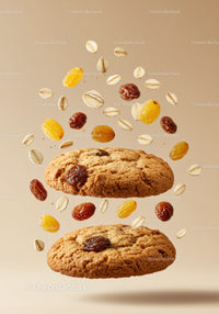 Oatmeal raisin cookies with flying oats and raisins