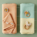 Soft pastel baby blankets with pacifiers and toys