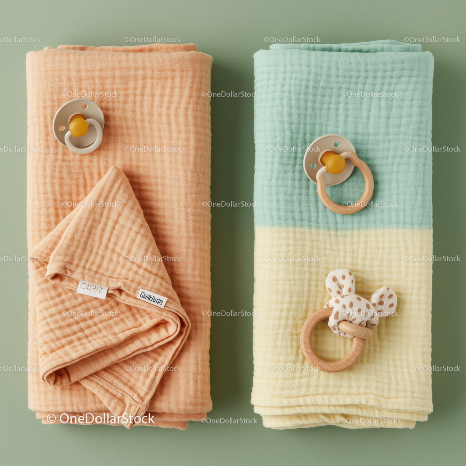 Soft pastel baby blankets with pacifiers and toys