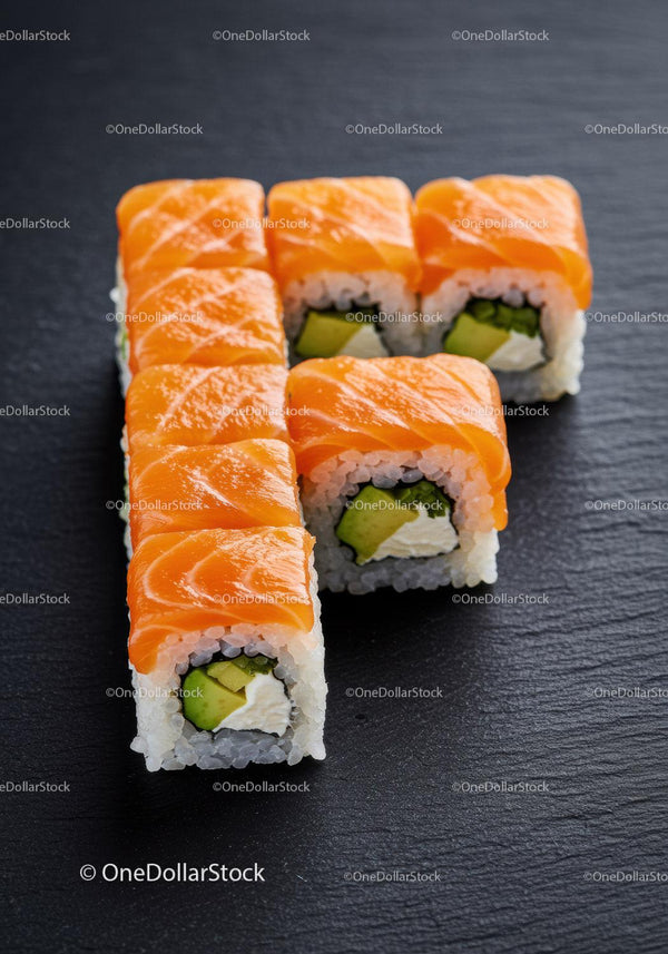 Fresh salmon sushi rolls with avocado and cream cheese