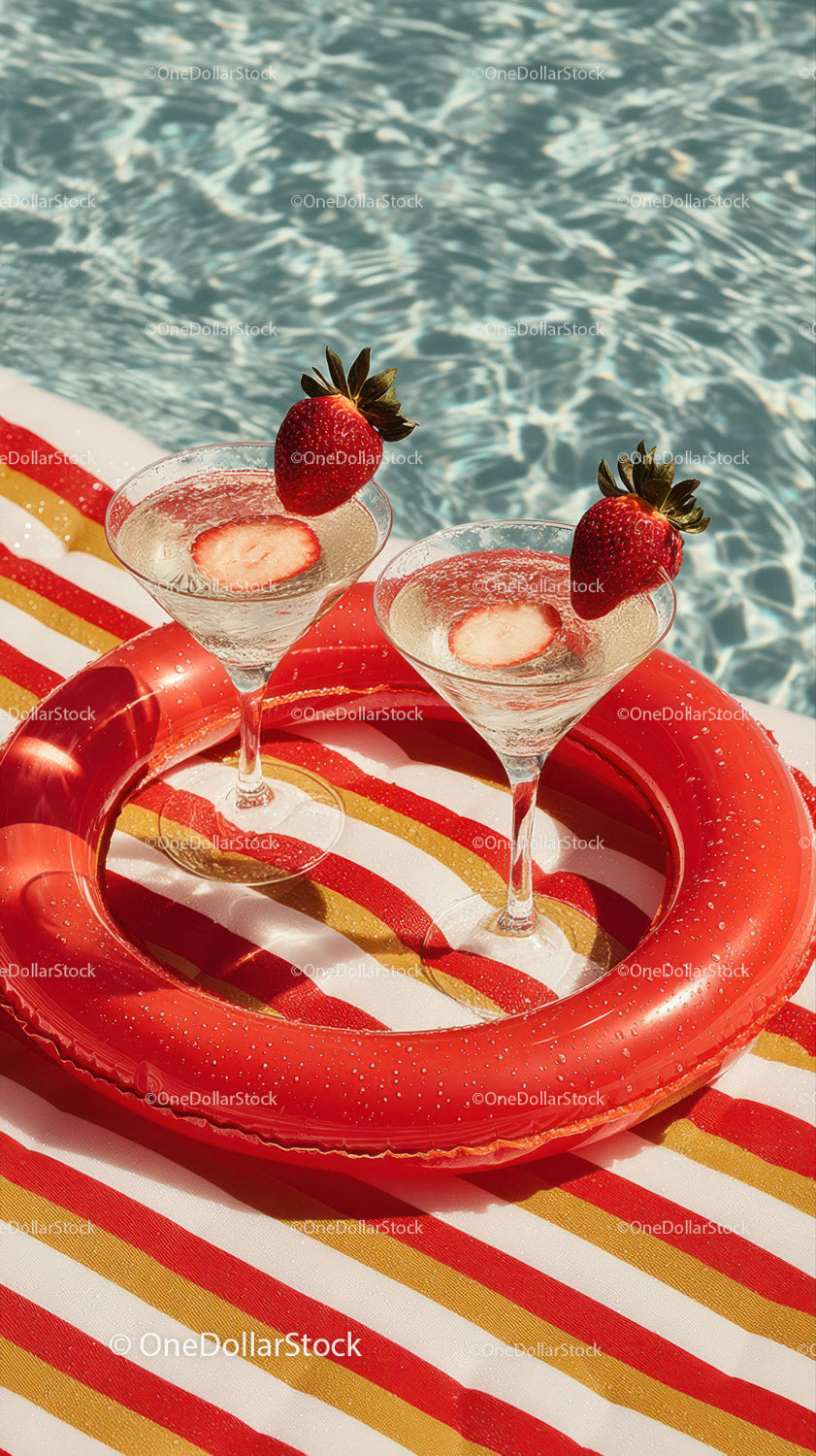 Frosted Strawberry Cocktails by Poolside with Inflatable Ring