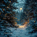 Snowy Pathway with Warm Lantern Light at Twilight