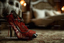 Chic Black Heels and a Red Lace Dress in a Cozy Bedroom Setting