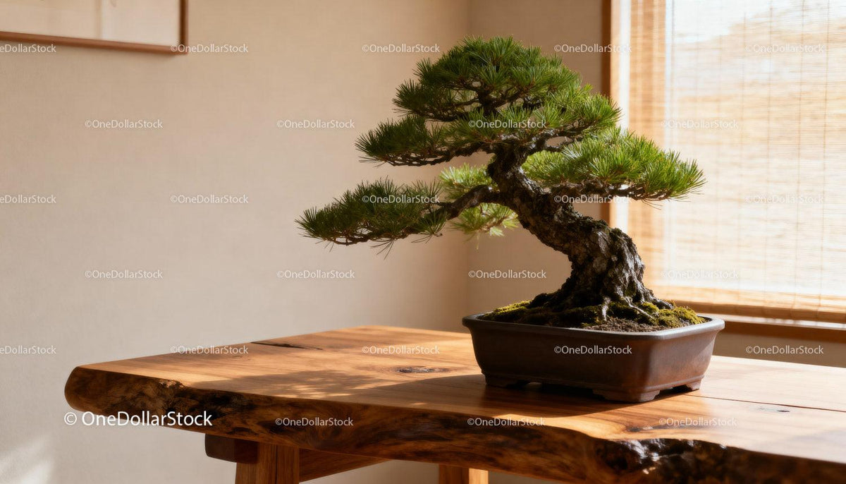 Bonsai Tree on Rustic Wooden Table in Soft Light