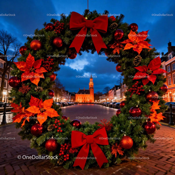 Festive Christmas wreath framing historic town hall at dusk