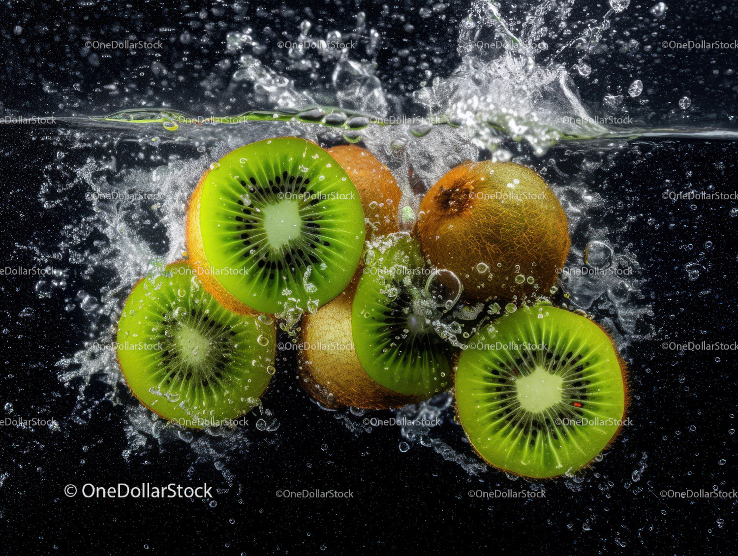 Fresh Kiwi Fruit Slices Water Splash with Vibrant Colors