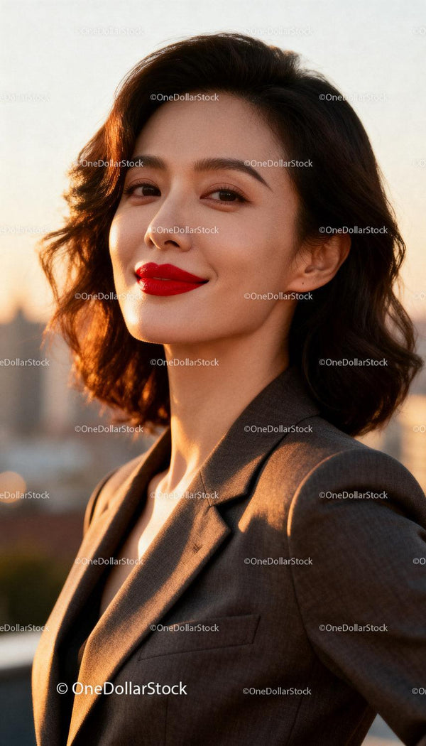 Confident woman with bright red lipstick at sunset