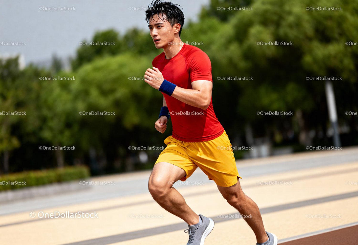 Determined man running outdoors in bright athletic wear