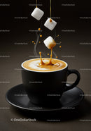 Closeup of sugar cubes falling into steaming coffee cup