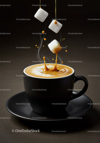Closeup of sugar cubes falling into steaming coffee cup