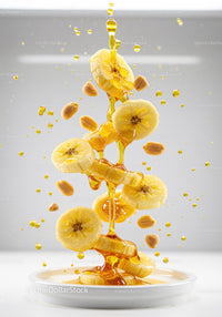Fresh banana slices falling in golden honey with peanuts