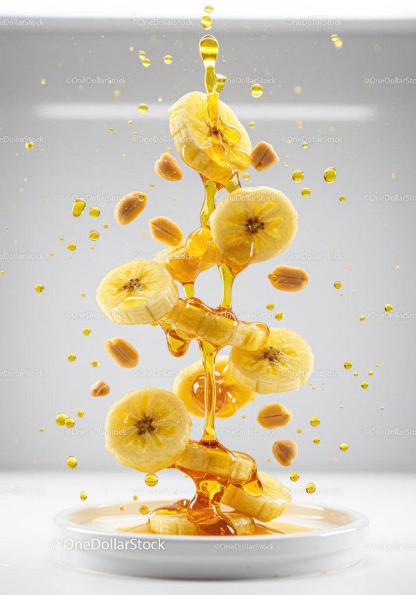 Fresh banana slices falling in golden honey with peanuts