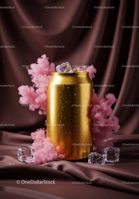 Golden drink can with ice cubes and pink smoke