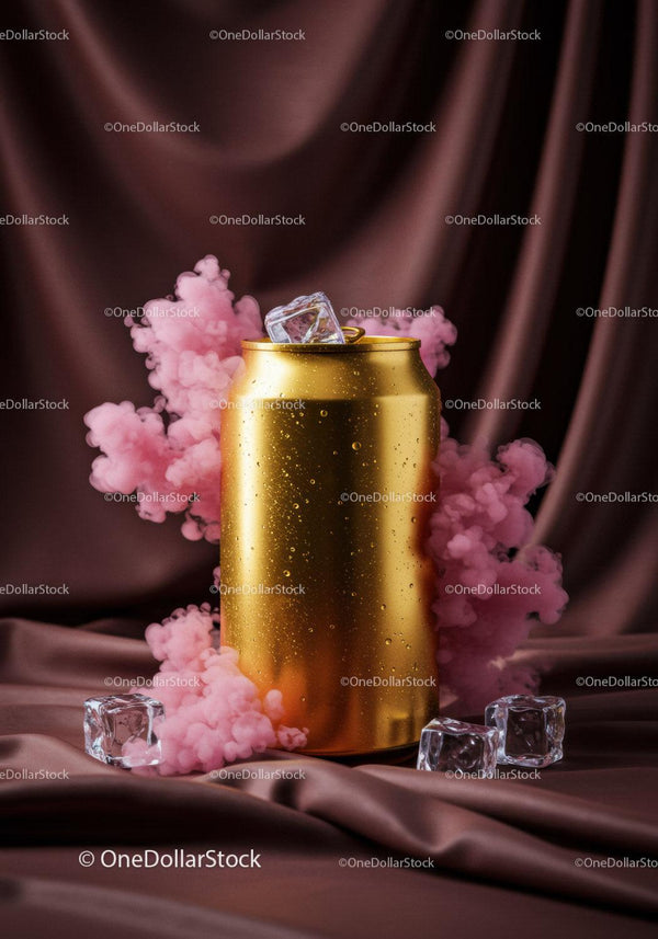 Golden drink can with ice cubes and pink smoke