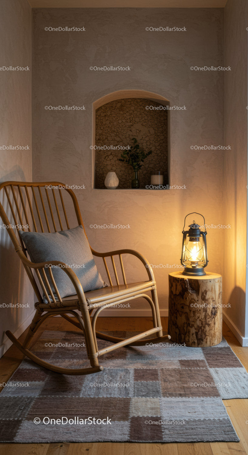 Cozy corner with rattan rocking chair and warm lamp light