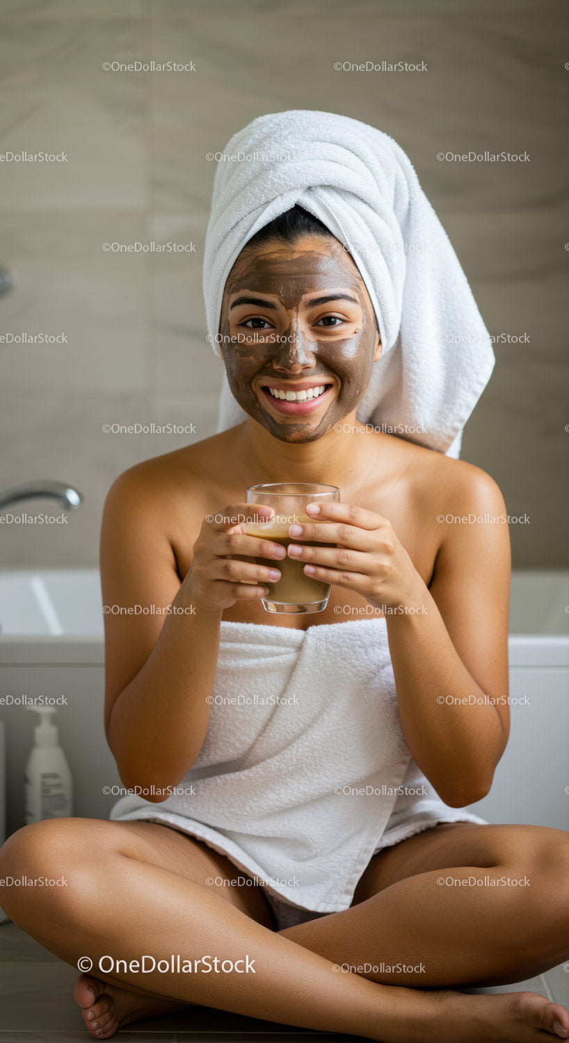 Young Woman Relaxing with Face Mask and Glass of Beverage