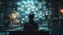 Dark Office Scene with Cluttered Desk and Artsy Atmosphere