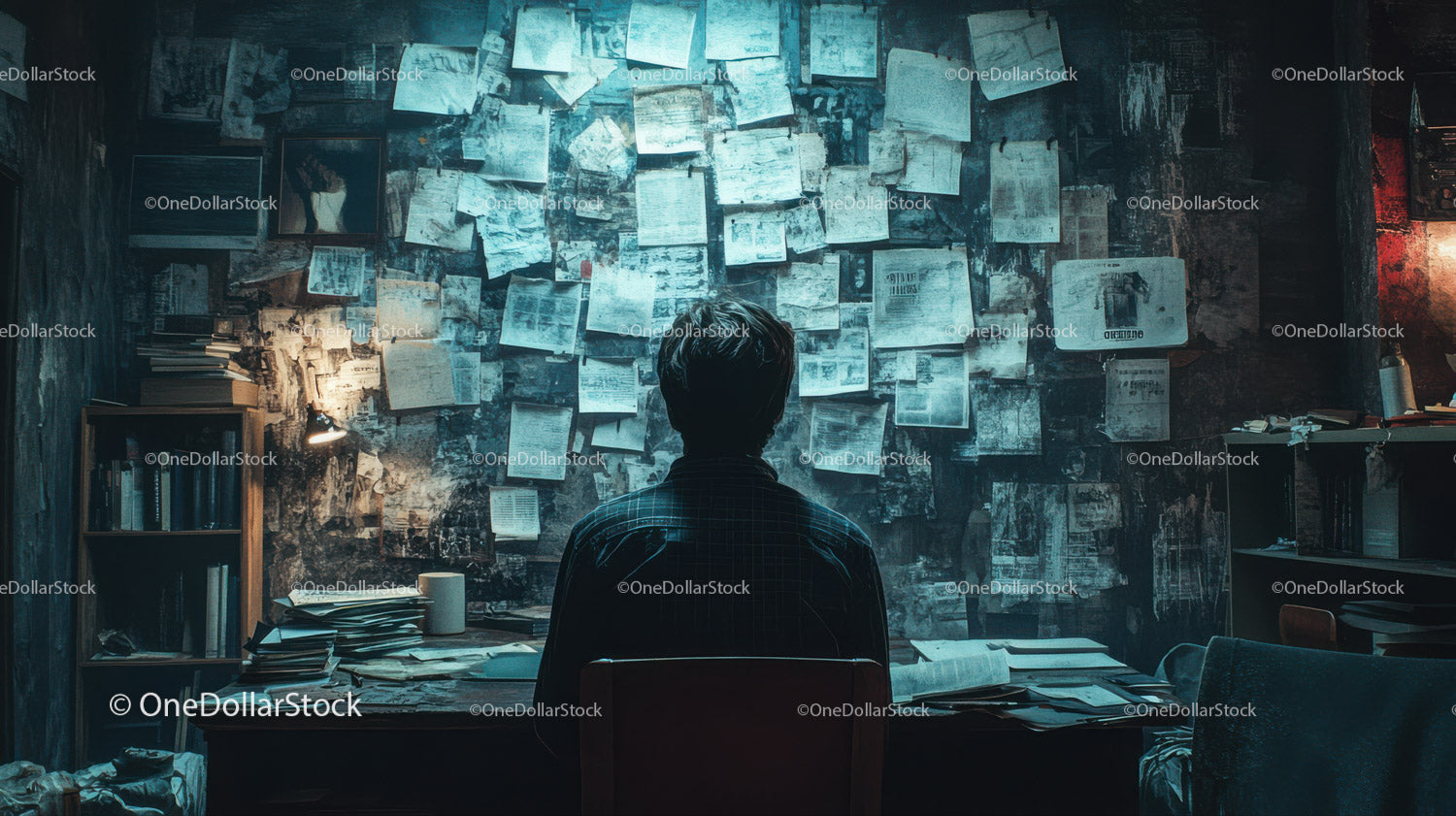 Dark Office Scene with Cluttered Desk and Artsy Atmosphere