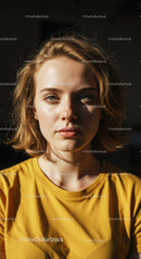 Portrait of a Young Woman with Blonde Wavy Hair in Yellow T-Shirt