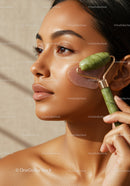 Close-up of a Woman Using Jade Roller for Facial Rejuvenation and Skin Brightening