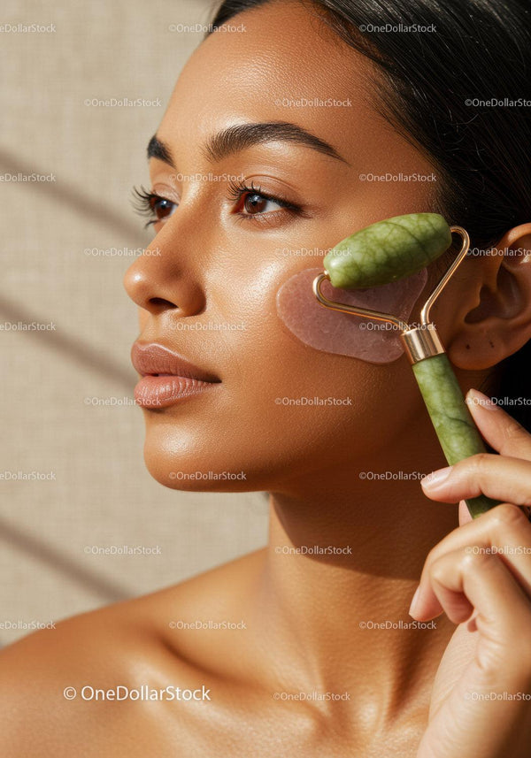 Close-up of a Woman Using Jade Roller for Facial Rejuvenation and Skin Brightening