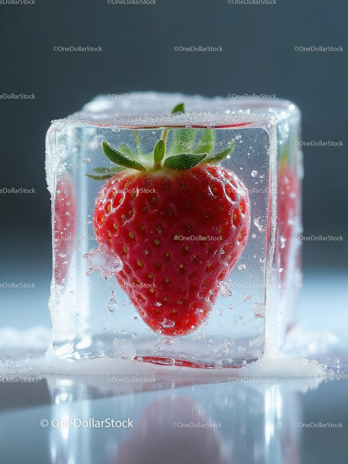 Fresh strawberry frozen inside a clear ice cube
