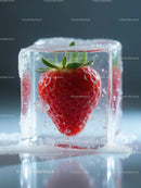 Fresh strawberry frozen inside a clear ice cube
