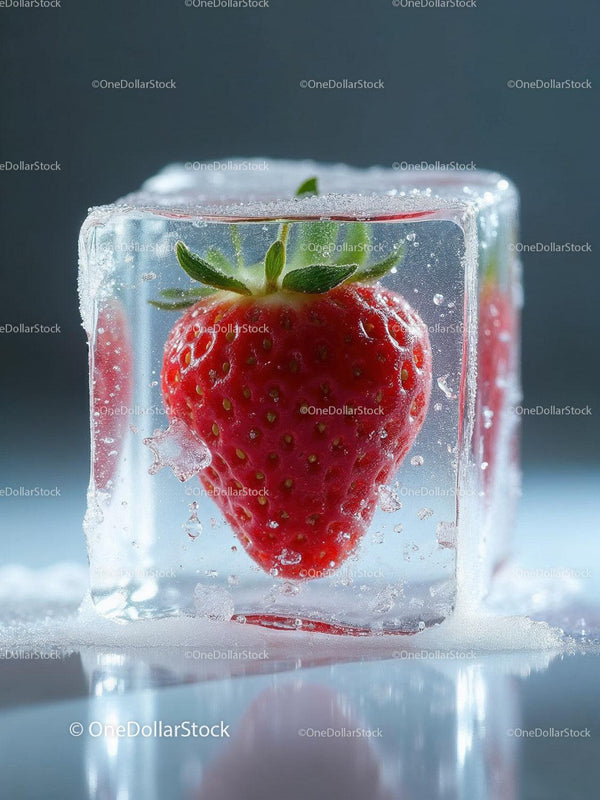 Fresh strawberry frozen inside a clear ice cube