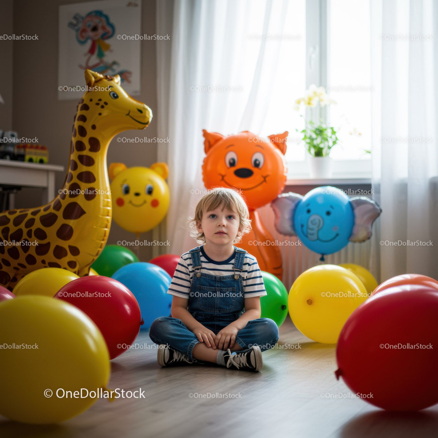Młody chłopiec siedzi w pomieszczeniu wśród kolorowych balonów w kształcie zwierząt
