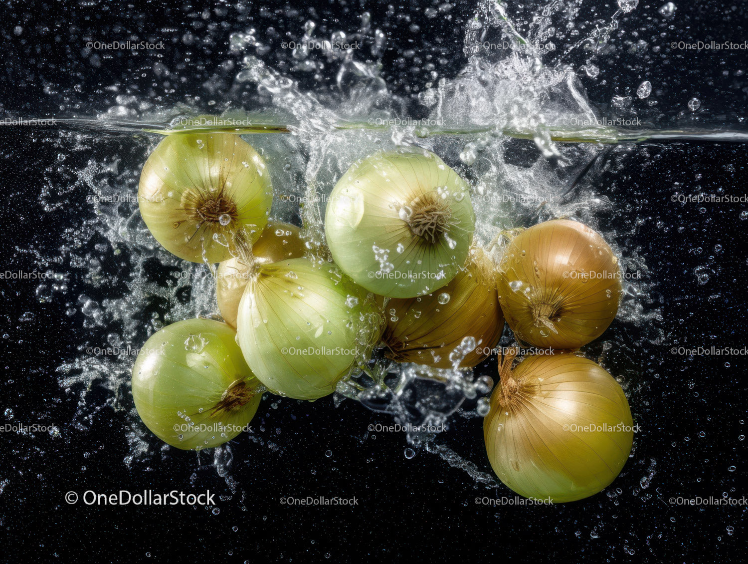 Fresh Green and Brown Onions Splashing Water Underwater Scene