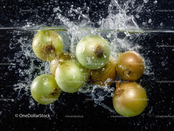 Fresh Green and Brown Onions Splashing Water Underwater Scene