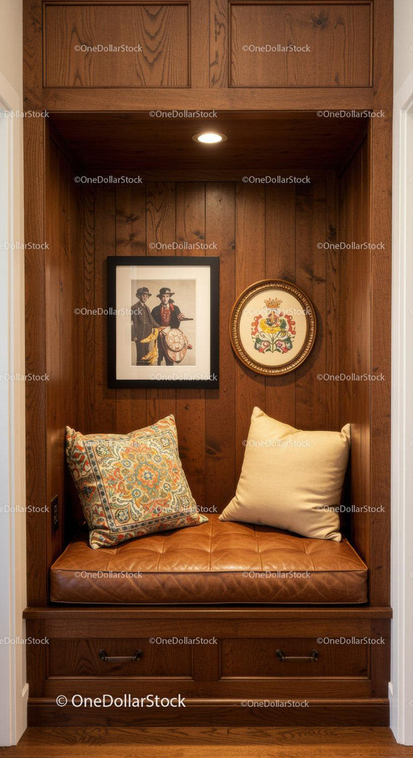 Cozy Wooden Nook with Vintage Decor and Cushioned Bench