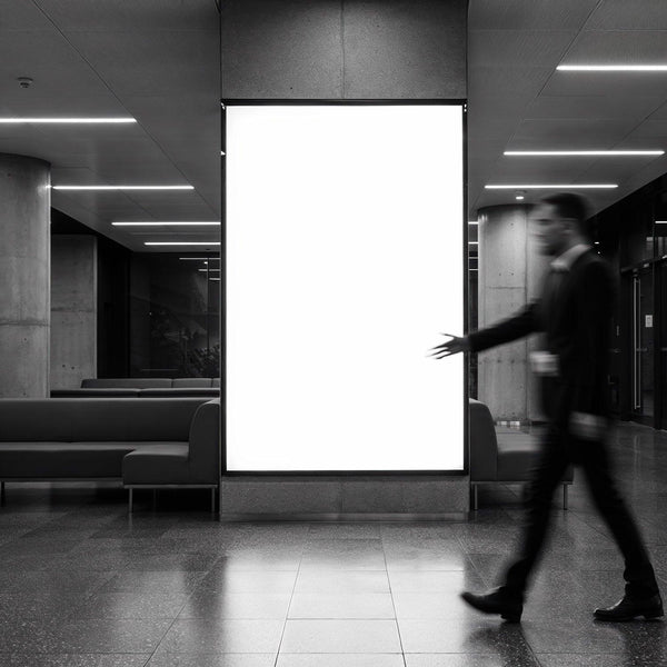 Blurred businessman walking past illuminated blank billboard JPG Mockup Image